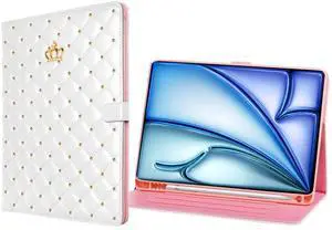 AMAZFCCY Cute Crown Case for iPad Air 11-inch M2 2024/5th/4th 10.9'',iPad Pro 11 Inch,Flip Bling Diamond PU Leather [Smart Auto Sleep/Wake Pencil Holder Stand] iPad Air 6/5/4/iPad Pro 11 (White)