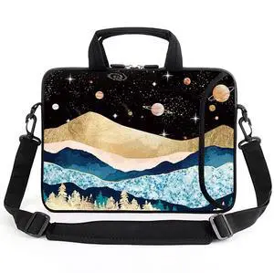 AMARY 15.4" 15.6" laptop sleeve adjustable shoulder strap with handle accessory pocket for men women (Mountains Galaxy)