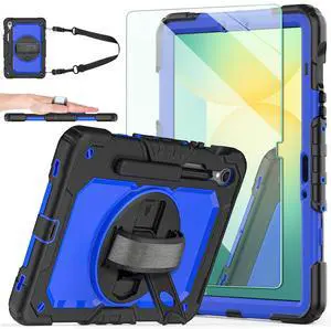 Ambison Case for Samsung Galaxy Tab S10 FE / S9 / S9 FE 5G Tablet Case Protective with 9H Tempered Glass Screen Protector, Pencil Holder, 360 Rotatable Stand, Hand Strap, Shoulder Strap (Blue)