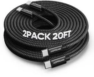 USB C Cable 20FT, 2-Pack Extra Long Type C to C Cord 60W, Premium Nylon Braided USB C to USB C Cable Fast Charging Compatible for Macbook/iphone 15 Pro Max/Samsung Galaxy S24+/S24 Ultra/S23+/S23 Ultra