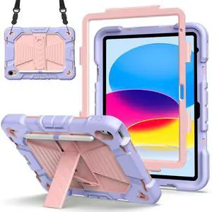 Aoub Case for iPad (A16) 11th Generation 11 Inch 2025/ 10th Generation 10.9 Inch 2022 with Strap, Heavy Duty Shockproof Rugged Protective Cover with Kickstand & Pencil Holder - Purple+Pink