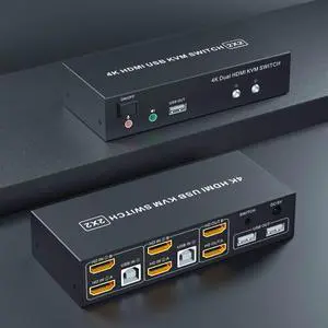 Dual Monitor KVM Switch HDMI 2 Port, 4K@60Hz KVM Switch 2 Monitors 2 Computers with Audio Microphone Output and 3 USB Ports, PC Dual Monitor Keyboard Mouse Switcher