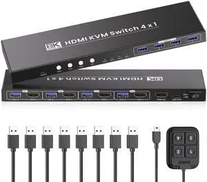 HDMI KVM Switch 1 Monitors 4 Computers, 8K@60Hz 4K@120Hz USB 3.0 4 Port HDMI KVM Switch for 4 PCs Share 1 Set of Keyboard, Mouse and Monitor
