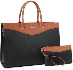 BASA BELA 16 Inch Laptop Purse Leather Briefcase and Handbags for Women Work, Waterproof Womens Computer Tote Bags, Professional Ipad Messenger Satchel Shoulder Bag with Adjustable Strap Brown-black