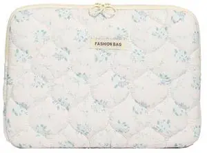 Attria Fairycore Laptop Case for Women Floral Carrying Tablet Bag Cover Puffy Quilted Computer Liner Bag 11-15.6 Inch (15-15.6 Inch,White)