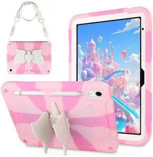 ATESSON for iPad 10th/11th Generation Case for kids Girls for iPad A16 Case 2025 11 inch with Pencil Holder Kickstand Shoulder Strap Heavy Duty Protective Cover for the iPad 10th Gen 10.9'' /11th Pink