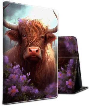 BEOTIWAD for All-New  Fire HD 8 Tablet (8th/7th/6th Generation, 2018/2017/2016 Release),PU Leather Multi-Angle Anti Slide Stand Cases with Auto Wake/Sleep,Cow with Purple Flowers