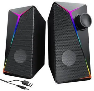 AYJBKL Computer Speakers for Desktop PC, USB Powered Gaming Speakers with 2 Bass-Boost Ports, Multi Colorful LED Backlight Modes, Stereo Sound for Gamers Music Movies, 3.5mm AUX Cable