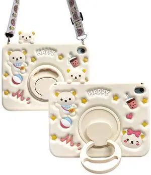 Beszeith for iPad (A16) 11th/10th Generation 11''/10.9'' 2025/2022 Case for Kids Boys Girls with Pencil Holder& Strap, Cute Bear Design, Soft Silicone & Rotatable Kickstand Table Case (White)
