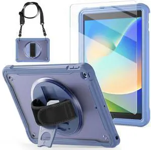 BLOSOMEET Clear Case for iPad 9th/8th/7th Generation 10.2 Inch 2021/2020/2019 with Tempered Glass Screen Protector & Pencil Holder,Kids Case for iPad 10.2 with Stand Hand Shoulder Strap,Lavender Gray