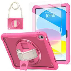 BLOSOMEET Case for iPad A16 11th/10th Generation 11"/10.9" 2025/2022 Clear Back Pink for Girls Preppy with Tempered Glass Screen Protector, Cute Design with Stand, Pencil Holder & Strap, Rosered