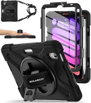 BRAECNstock Case for Apple iPad mini 7 (A17 Pro) 2024/ Mini 6 2021 8.3", Rugged Protective with Screen Protector, Pencil Holder, Rotating Hand Strap & Stand, iPad mini 7th/6th Gen Case Kids, Black