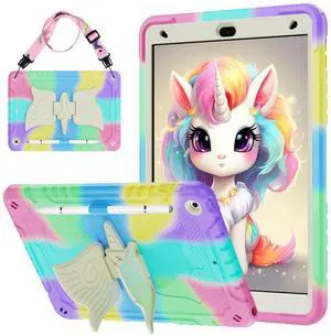 Beszeith for iPad 9th/8th/7th Generation Case 10.2" with Stylus Pen,Unicorn Stand & Pencil Holder Shoulder Strap,Shockproof for iPad 10.2 Case 2021/2020/2019 Kids (Colorful Purple)