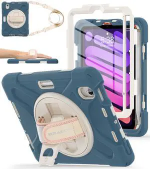 BRAECNstock for Apple iPad mini 7 (A17) Pro/Mini 6 Case 2024/2021 8.3", Rugged Protective iPad mini 7th/6th Gen Case with Screen Protector, Pencil Holder, Rotating Hand Strap + Stand, Cornflower Blue