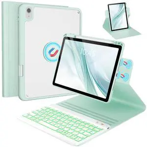 BLUTLOTUS Keyboard Case for iPad 10th Generation 10.9 inch 2022, 360deg Rotatable Magnetic Keyboard Case with Pencil Holder Groove Design, 7 Color Backlit Detachable Keyboard (Mint Green)