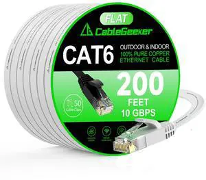 Cat 6 Ethernet Cable 200 ft, High Speed 10Gbps Flat Internet Network Cable, Cat6 Ethernet Patch Cable Long, Computer LAN Cable with Free Clips & Straps for Router, Modem, PS4/5, White