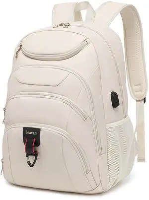 Boavan Laptop Backpack for women,15.6 inch Laptop Bag with USB Port, Waterproof Travel Work Backpack Purse, Anti-Theft Teacher Nurse Doctor Casual Bookbags Office Business backpack,Cream Beige