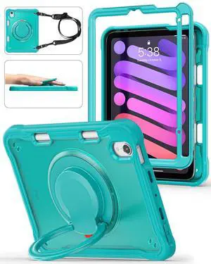 BRAECN for iPad (a17 pro) Mini 7/Mini 6 Case 2024/2021 8.3 inch with Pencil Holder Protective Clear Ring Handle 360 Rotating Stand Shockproof Dropproof Rugged Carrying Shoulder Strap Kids Friendly