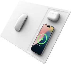 POUT H3 PRO Dual Qi Wireless Charging Mouse Pad - Dual Fast Wireless Chargers for Smartphones and Earbuds - Smooth Surface with Anti-Slip Base for Home and Office Use (Polar White)