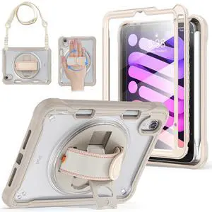 BRAECNstock Case for iPad Mini7 (a17 pro)/Mini 6 8.3" 2024/2021,iPad mini 7th/6th Generation Cover for Kids with Pencil Holder,360deg Rotating Stand,Carrying Strap,Screen Protector-Khaki