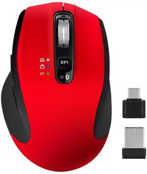 CHHI Wireless Bluetooth Mouse with USB A, USB C Receiver, Rechargeable, Multi Device Mouse, Silent, Ergonomic, Full Size, Portable, for iPad/MacBook/PC/Computer/Laptop-Red