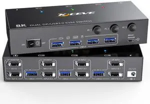 8K Displayport KVM Switch 2 Monitors 3 Computers 8K@60Hz 4K@144Hz,Camgeet Dual Monitor KVM Switch Displayport with 4 USB 3.0 Ports for USB Devices,Wired Remote and 12V Power Adapter Included