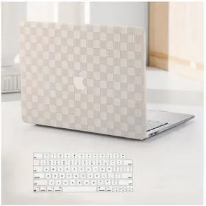 BYCeKe Compatible with MacBook Air 15 inch Case 2023 2024 2025 M4 A3241 M3 A3114 M2 A2941, Checkered Textured Cream Leather Hard Shell Cases & Keyboard Cover for Mac Air 15 Laptop, Beige Checkerboard