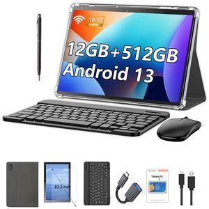 Crelander 10.1 inch Android 13 Tablet, 2 in 1 Tablets with SIM Card Slot Keyboard, Case, Mouse, Stylus, 8000mAh Battery, 1280x800 IPS Touch Screen, WiFi/Bluetooth, Dual Camera(12GB + 512GB)