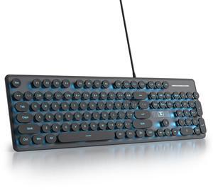 Mosptnspg Wired Quiet Membrane Keyboard,Full Size 104-Keys Retro Punk Typewriter Blue LED Backlit ,USB Ultra Slim Gaming Keyboard with ABS Round keycaps for Windows/PC/Laptop (Black)