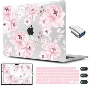 CISSOOK Compatible with MacBook Air 13.6 inch Case M4 M3 M2 Chip 2025 2024 2023 2022 Release, Plastic Hard Shell Case Keyboard Cover Screen Protector for Mac Air 13 A3240 A3113 A2681, Cute Pink Flower