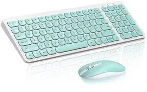 cimetech Wireless Keyboard Mouse Combo, Compact Full Size Wireless Keyboard and Mouse Set Less Noise Keys 2.4G Ultra-Thin Sleek Design for Windows, Computer, PC, Notebook, Laptop - Aqua Green