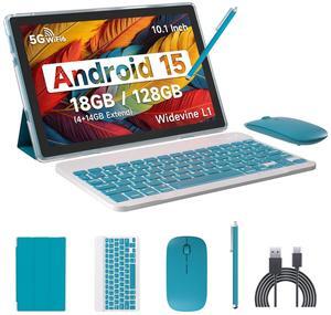Android 15 Tablet, 10 inch 18GB RAM+128GB ROM Tablet Support 2TB Expand, 2 in 1 Tablets with Keyboard Case Mouse Stylus, 2.0Ghz Quad-core Processor, 8MP Camera, 6000mAh Battery, 2.4G/5G Wifi 6 BT 5.0