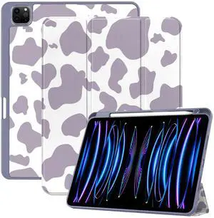 Deokke Compatible with iPad Pro 12.9 Inch Case,6th/5th/4th/3rd Gen(2022/2021/2020/2018) Pencil Holder,TPU Back Case,Auto Sleep/Wake Cover with iPad 2nd Pencil Charging-Purple Cow Pattern Western