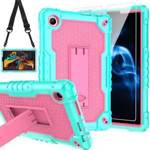 Doemoil for TCL Tab 8 V/TCL AT&T Tab 8 SE (6048E) Tablet Case with Screen Protector,Soft Silicone Rubber Heavy Duty Hybrid Had Back Shell Protection Build in Kickstand (Green/Pink/1 PC)