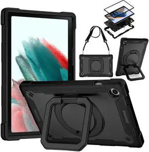 DETUOSI Galaxy Tab A8 Case - Shockproof with 360 Stand & Strap, Heavy Duty for SM-X200/X205/X207, Black