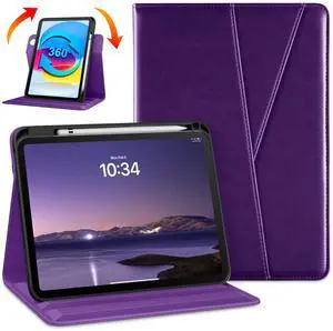 DTTO Rotating Case for iPad (A16) 11th Generation 11 Inch 2025, iPad 10th Generation 10.9 Inch 2022, 360 Degree Swiveling Premium Leather Folio Stand Cover with Pencil Holder, Dark Purple