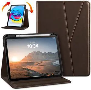 DTTO Rotating Case for iPad (A16) 11th Generation 11 Inch 2025, iPad 10th Generation 10.9 Inch 2022, 360 Degree Swiveling Premium Leather Folio Stand Cover with Pencil Holder, Dark Brown