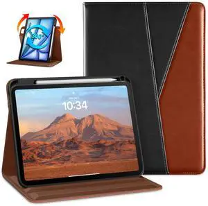 DTTO Rotating Case for iPad Air 11-inch M3 / M2 (2025/2024), iPad Air 5th / 4th Gen (2022/2020), 360 Degree Swiveling Premium Leather Folio Stand Cover with Pencil Holder, Black Brown
