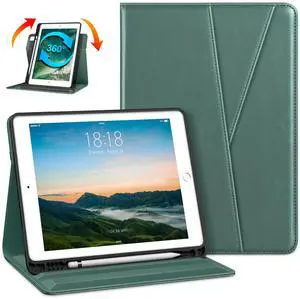 DTTO Rotating Case for iPad 6th / 5th Generation 9.7 Inch 2018/2017, iPad Air 2 / Air 1 Case, 360 Degree Swiveling Premium Leather Folio Stand Cover with Pencil Holder-Auto Wake/Sleep, Midnight Green