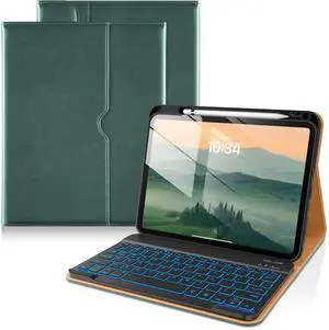 DTTO for iPad 11th (A16,2025)/ 10th Generation (10.9",2022) Case with Keyboard, 7 Colors Backlit Wireless Detachable Keyboard Premium Leather Folio Cover with Pencil Holder & Pocket, Midnight Green