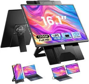 Enzion Laptop Screen Extender 16.1", 1200P FHD, Portable Monitor 360° Rotating Detachable Stand, Height Adjustable Laptop Monitor Extender for Laptop 13-17.5", Plug-Play for Mac/OS/Wins/Chrome/Dex