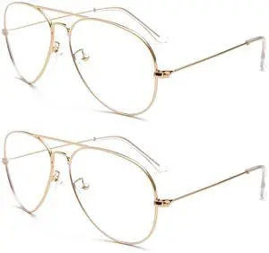 EYLRIM Blue Light Aviator Glasses for Women Men Metal Pilot Frame Clear Lens Computer Eyeglasses(Gold+Gold)