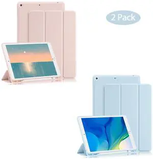 2 Pack GHINL Case for iPad 9th/8th/7th Generation Cases (2021/2020/2019) iPad 10.2-Inch Case with Pencil Holder [Sleep/Wake] Slim Soft TPU Back Smart Stand Protective Cover Cases (Light Pink+Sky Blue)