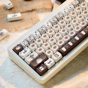 GEKUCAP Coffee Theme Siamese Cat Keycaps, 133 Keys Cute Mao Profile Keycap Dye-Sublimation, Custom Cat Shaped PBT Keycaps for Cherry Gateron MX Swithes Mechanical Gaming Keyboards