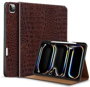 Gexmil Genuine Leather Case for iPad Pro 13 Inch M4 2024 with Pencil Holder,Protective Shockproof Smart Premium Leather Folio Cover Adjustable Stand Auto Sleep/Wake Anti-Slip,Brown Crocodile