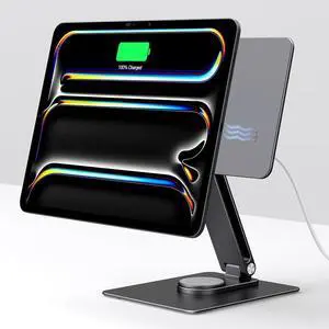 GEWOKLIY Magnetic iPad Stand with Wireless Charging 18W, 360° Rotating Aluminum Tablet Holder for iPad Pro M4 11-inch, Adjustable Desk Mount Series (M4-11inch)