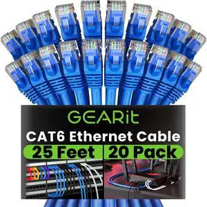 GEARit Cat 6 Ethernet Cable (20-Pack 25 Feet) Cat6 Network Patch, 10Gbps, RJ45, Snagless Cord, Gold-Plated Connectors, Internet for PC, TV, Tablet, Router, Printer, Servers, IT Data Center - Blue GEARit Cat 6 Ethernet Cable (20-Pack 25 Feet) Cat6 Network Patch, 10Gbps, RJ45, Snagless Cord, Gold-Plated Connectors, Internet for PC, TV, Tablet, Router, Printer, Servers, IT Data Center - Blue