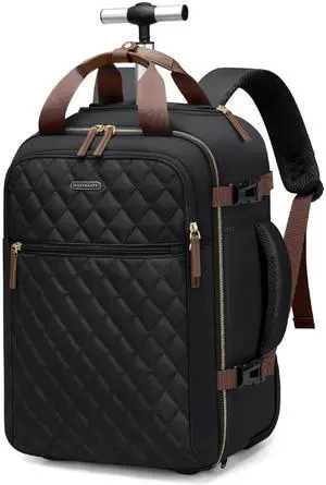 GOLF QUALITY Rolling Backpack for Women,Travel Laptop Backpack with Wheels Roller Personal Item Backpack Wheeled Underseat Carry On Luggage,Fit 17Inch,Black