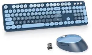 Guffercty kred Colorful Blue Wireless Keyboard and Mouse Combo, Retro Typewriter Wireless Full-Size Cute Office Keyboard 2.4GHz with Round Keycaps for Desktop Laptop and PC (Ocean Blue)