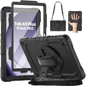 Gylint Case for Samsung Galaxy Tab A9+/ A9 Plus Case 11" 2023 (SM-X210/X216/X218), Heavy Duty Shockproof Protective Case with Screen Protector, Hand Strap, Shoulder Strap, 360° Rotating Stand Black